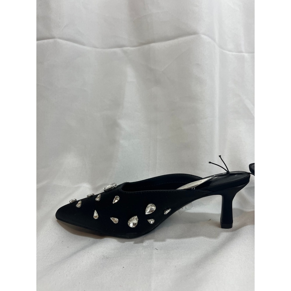A New Day Womens Black Satin Rhinestone Pointed Toe Kitten Heel Mules Size 6 - Picture 4 of 6